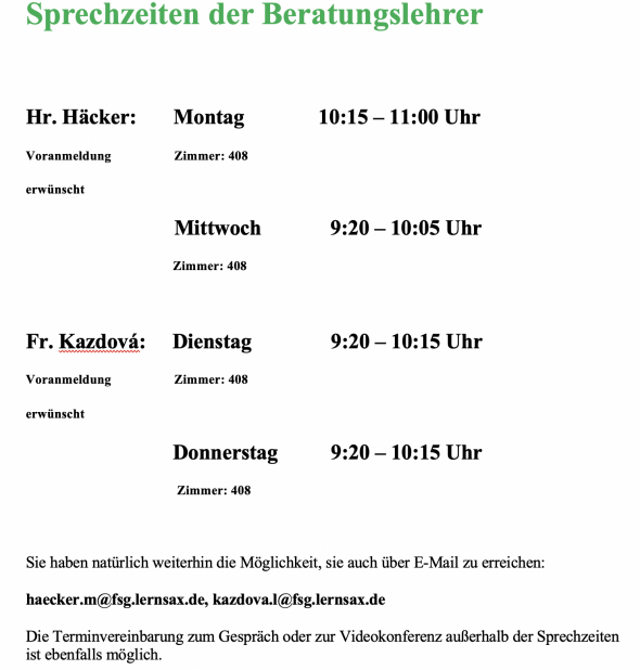 Sprechzeiten Beratungslehrer 20. April 2021